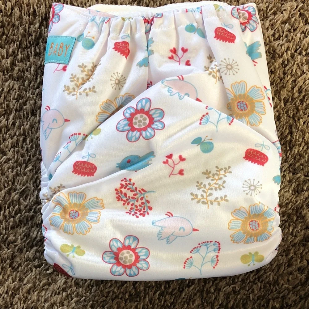 Adjustable Floral & Bird Print Reusable Cloth Diaper
